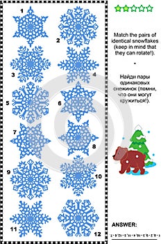 Visual puzzle - match the pairs of identical snowflakes photo