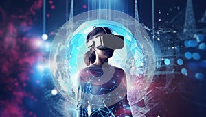 Visual reality concept. Young man using Visual reality or VR headset and interacting with object. Man getting experience