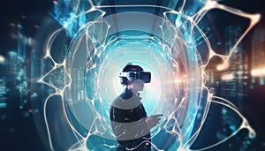 Visual reality concept. Young man using Visual reality or VR headset and interacting with object. Man getting experience