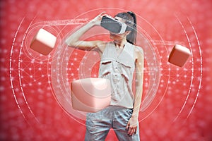 Visual reality concept. Young man using Visual reality or VR headset and interacting with object.