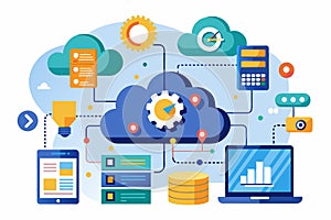 Visual representation of cloud data management, showcasing synchronization, analytics, and digital connectivity tools in a modern