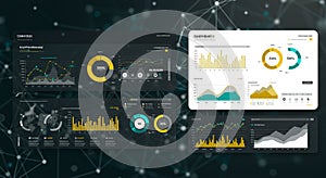 Visual representation of data analytics dashboards displaying charts and graphs. The