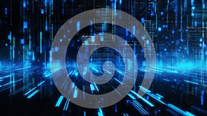 Visual representation of digital data streaming across a glowing grid abstract neon background