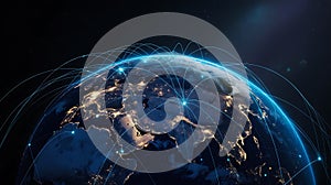Global communication network connecting cities worldwide with data transfer lines