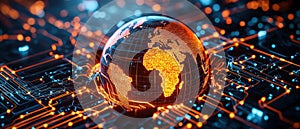 Visual representation of a global network with interconnected data streams and nodes highlighting global communication