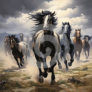 visual representation of a herd of wild horses galloping freely through an open field by AI generated