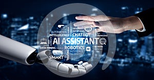 AI Assistant Concept with Human Hand and Robotic Arm Representing Interaction Between Technology and Human Intelligence