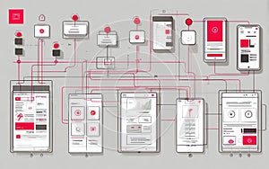 Visual representation of interconnected devices showcasing a user interface design concept with various elements