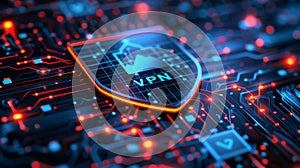 Visual representation of online security with a vpn shield and digital network connections