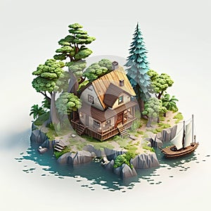 Tiny island with a wooden shelter in isometric illustration