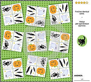 Visual riddle - find two identical cards with Halloween holiday symbols