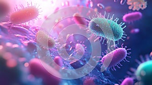 Colorful bacteria and microorganisms in a vibrant microscopic environment showcasing diverse shapes and characteristics