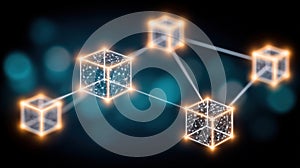 Digital network of interconnected cubes representing blockchain technology and data exchange