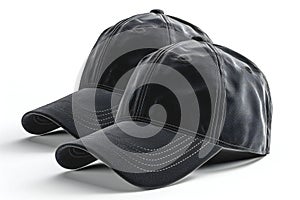 Visual of three black baseball caps isolated on white background, different angles, hyper realistic