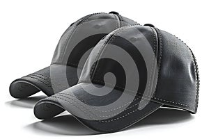 Visual of three black baseball caps isolated on white background, different angles, hyper realistic