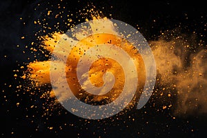 Visual yellow powder explosion isolated on a white background, shown from above. orange colored dust splash or grain texture