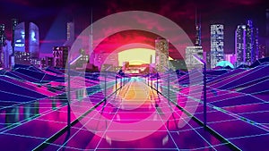 Visualisation of a video game with futuristic visual of a modern city. Stock footage. Neon lights of the road, hills