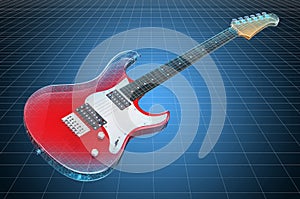 Visualization 3d cad model of electric guitar, blueprint. 3D rendering