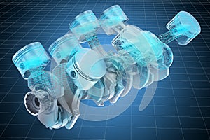 Visualization 3d cad model of V8 engine pistons, blueprint. 3D rendering