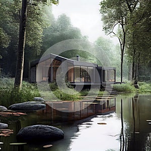 visualization of the architecture of a country house by the river