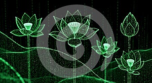 Digital Lotus Flowers Emerging from Binary Code Matrix
