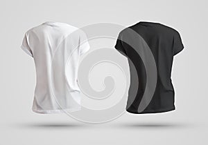 Visualization of a blank male t-shirt in white and black on the background, back view template