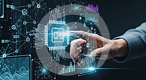 Hand interacts with glowing CPU chip on digital screen interface