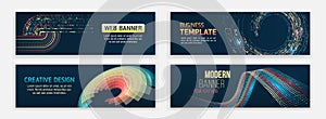 Visualization of data arrays, databases. Information flow, sorting. Set of Hi-tech banner templates for websites. Abstract social