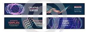 Visualization of data arrays, databases. Information flow, sorting. Set of Hi-tech banner templates for websites. Abstract social