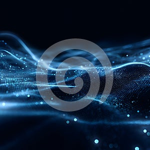 Visualization of data flow and global connections, abstract 3D grid, blue neon light, sense of movement and energy