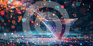 Visualization of data fragmentation and sorting through abstract particles in a funnel. Concept