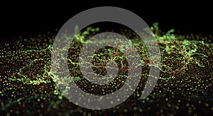 Abstract network of glowing green and gold particles