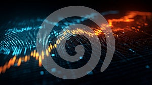 Digital data visualization with glowing lines and dots representing financial trends and analytics