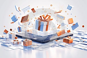 visualization digital devices, gifts, and product icons converge E commerce