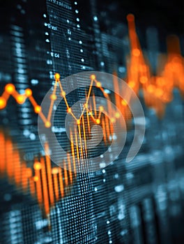 Visualization of dynamic financial data with vibrant orange line graph highlighting trends and fluctuations against a dark