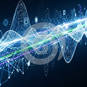 Visualization featuring dynamic waveforms and light trails across a