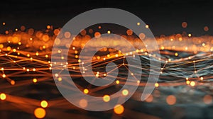 Visualization of a futuristic digital network with interconnected glowing nodes and lines creating an abstract wave pattern in