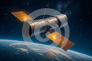 Futuristic space telescope above Earth. AI-generated