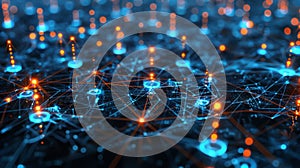 Visualization of Interconnected Data Points in a Digital Network Showcasing Blue and Orange Glowing Connections