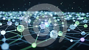 Visualization with interconnected geometric shapes and nodes on