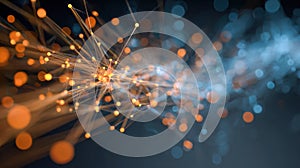 Visualization of interconnected glowing particles in orange and blue creating a dynamic abstract network with a bokeh effect in a