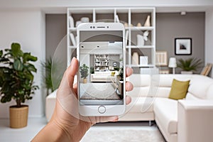 Visualization of the interior with a smartphone. The smartphone in your hand takes a photo of the room