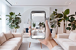 Visualization of the interior with a smartphone. The smartphone in your hand takes a photo of the room