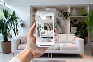 Visualization of the interior with a smartphone. The smartphone in your hand takes a photo of the room