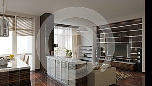 Visualization of modern residential interior design, 3D illustration, cg render