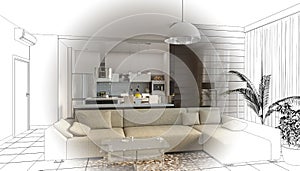 Visualization of modern residential interior design, 3D illustration, cg render