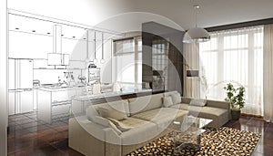 Visualization of modern residential interior design, 3D illustration, cg render
