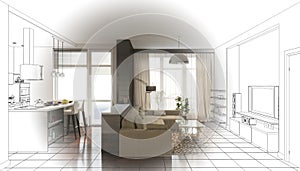 Visualization of modern residential interior design, 3D illustration, cg render