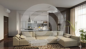 Visualization of modern residential interior design, 3D illustration, cg render