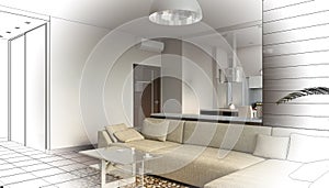 Visualization of modern residential interior design, 3D illustration, cg render